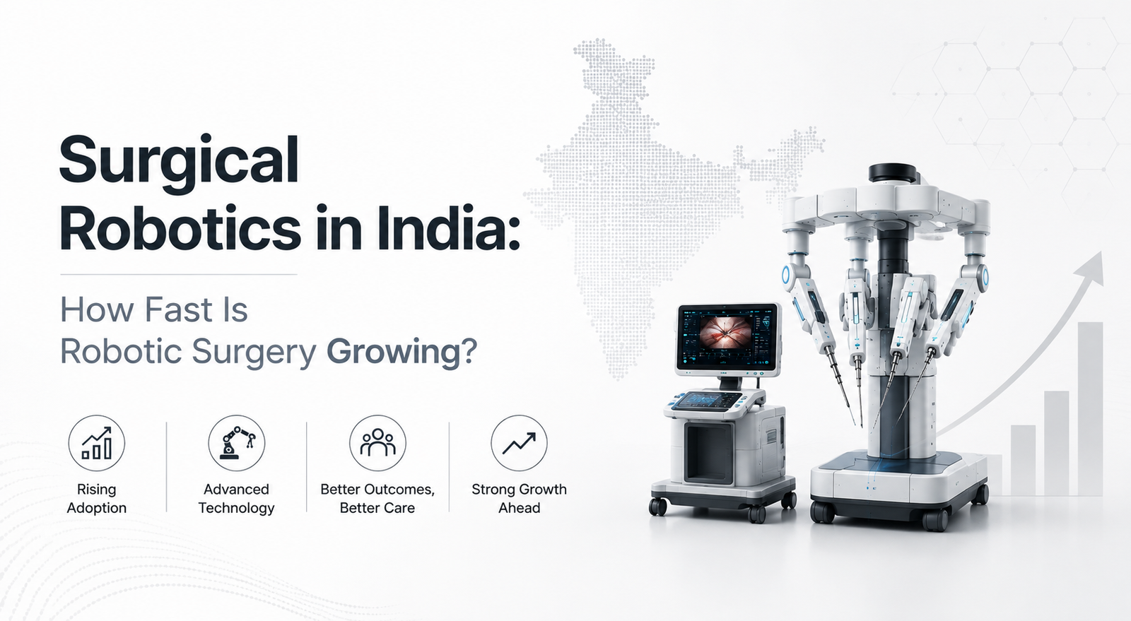 Clean medical technology banner showing a robotic surgical system and surgical console alongside a map of India and growth chart, representing the rapid growth of robotic surgery in India.