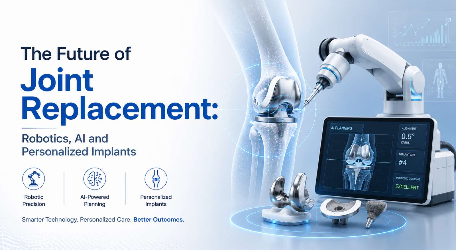Advanced robotic system performing AI-guided knee joint replacement planning, featuring a digital knee implant model, surgical robot, and personalized orthopedic implant components.
