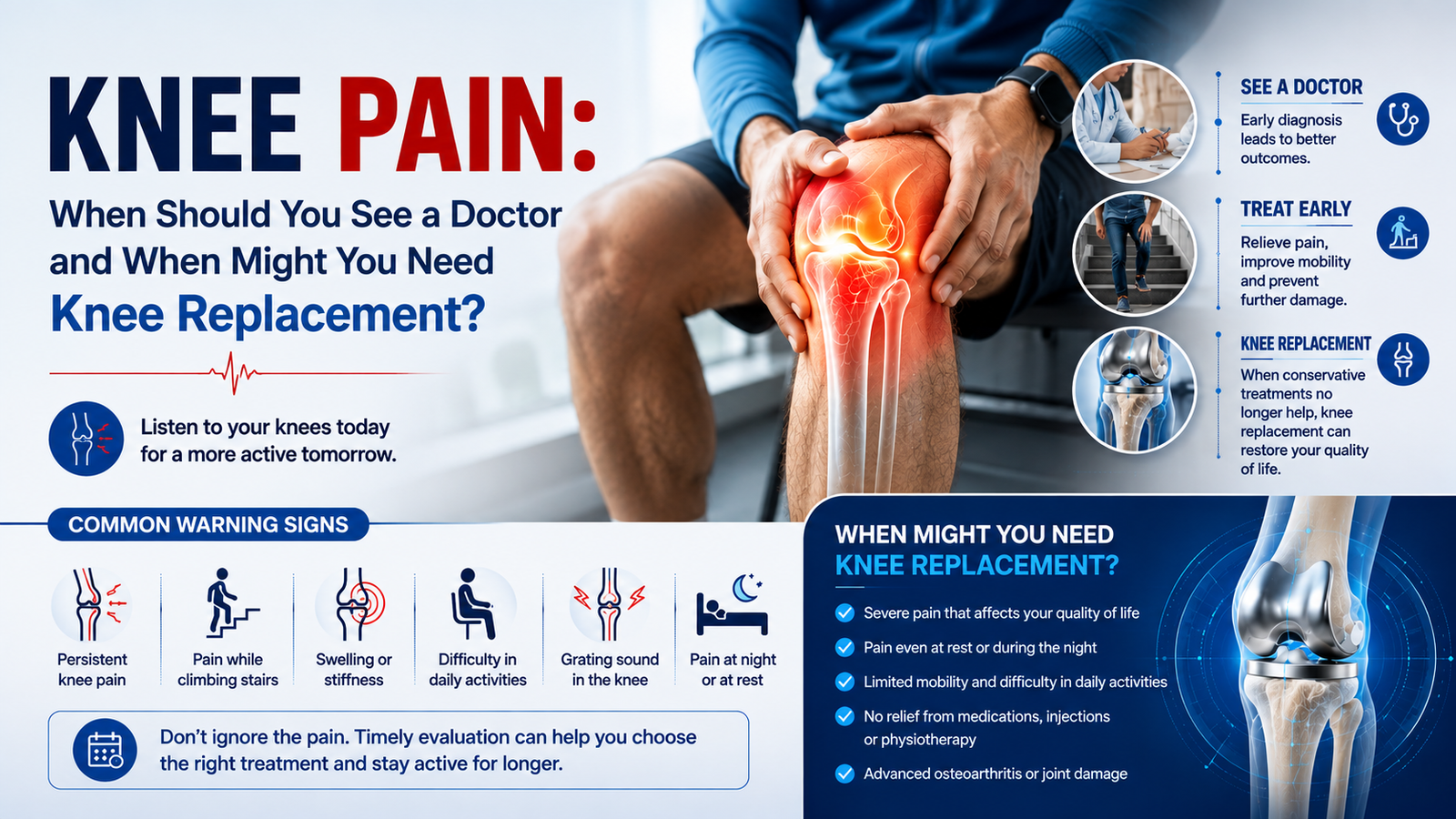 Person experiencing knee pain with a highlighted knee joint, alongside warning signs and an illustration of a knee replacement implant.