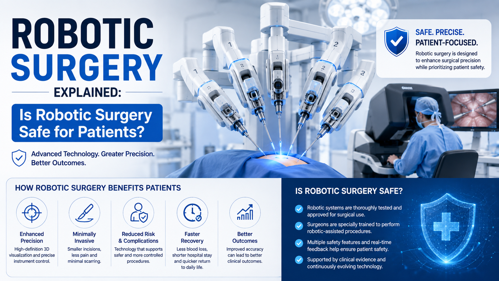 Robotic surgical system performing a minimally invasive procedure while a surgeon operates from a surgical console, highlighting precision and patient safety.
