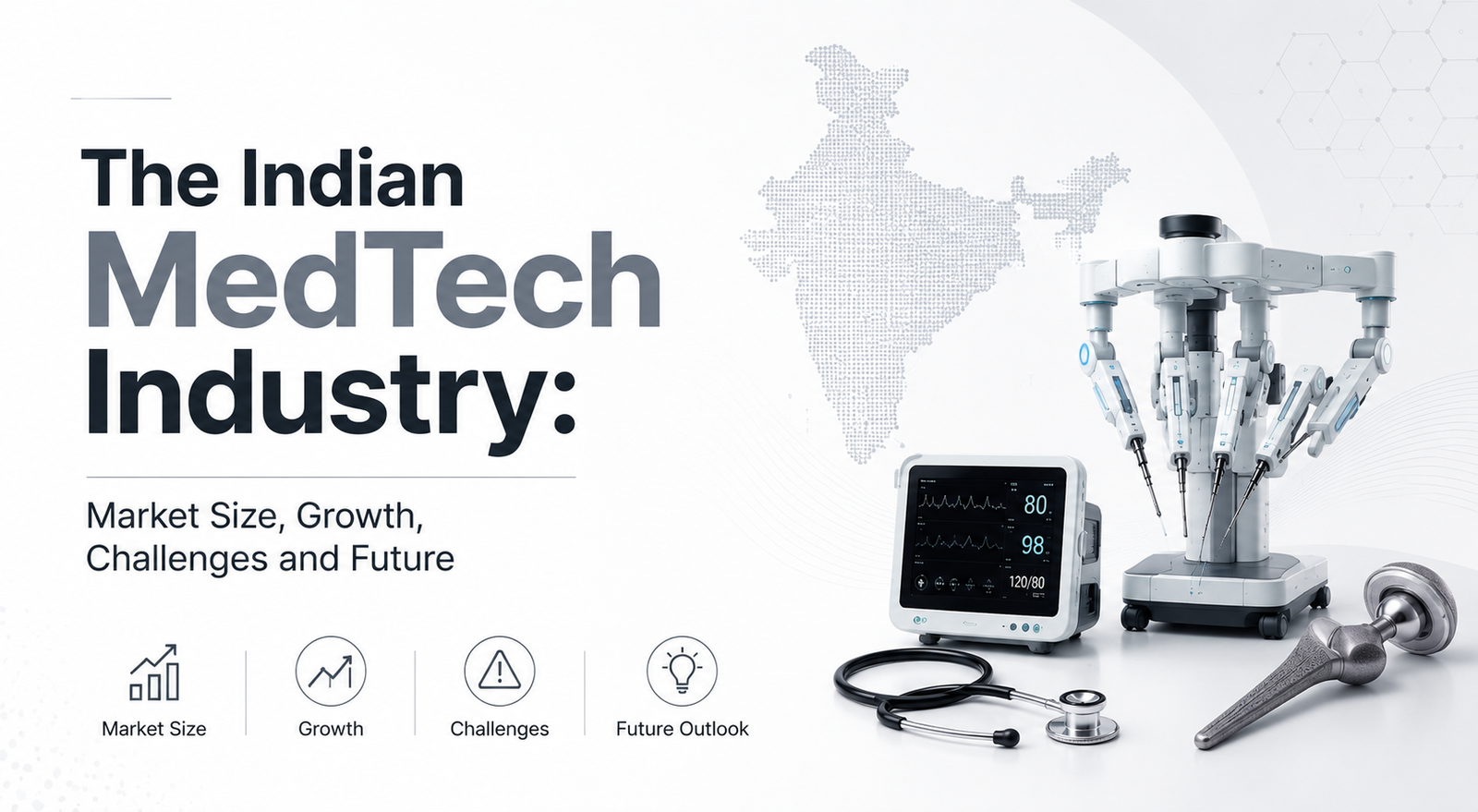 Clean white and grey banner illustrating the Indian MedTech industry, featuring a surgical robotic system, patient monitor, stethoscope, orthopedic implant, and a dotted map of India.