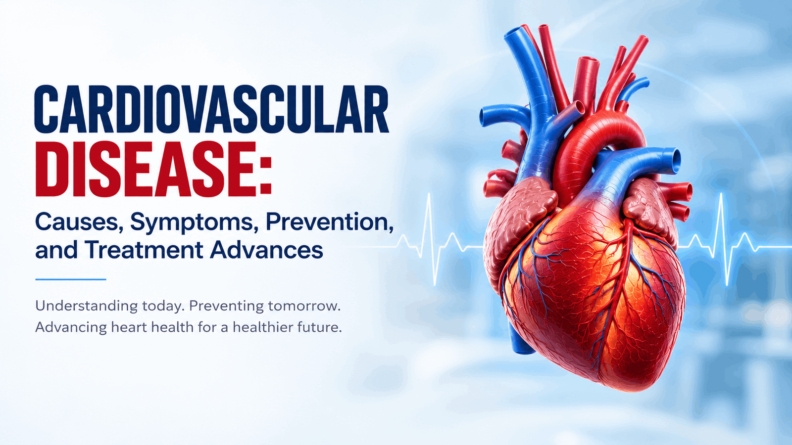 Anatomical human heart with a glowing ECG waveform on a blue medical background, representing cardiovascular disease, its symptoms, prevention, and treatment advances.
