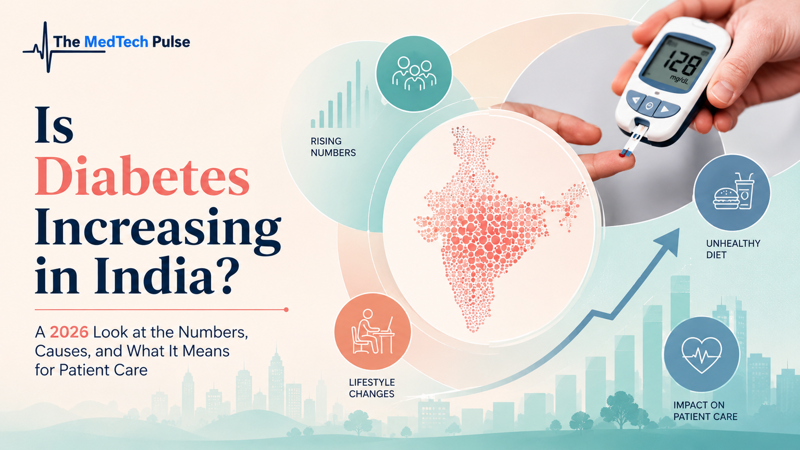 healthcare illustration highlighting the rising prevalence of diabetes in India, with glucose monitoring, healthy lifestyle elements, and patient care visuals.