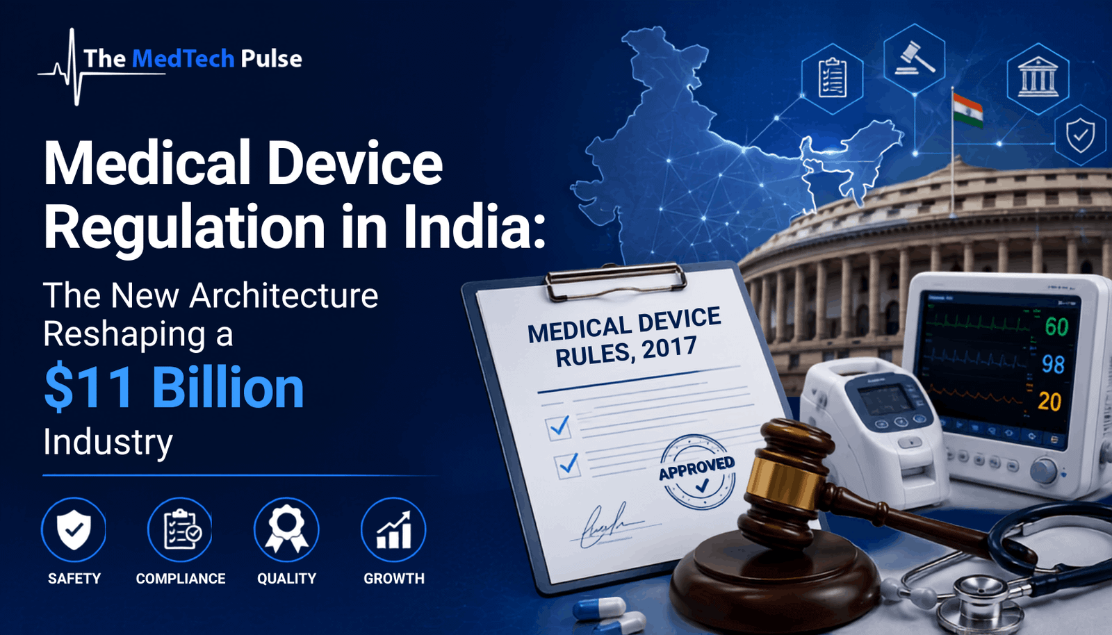 Medical device regulation in India illustrated with the Medical Device Rules, 2017, compliance documents, medical equipment, and regulatory symbols.