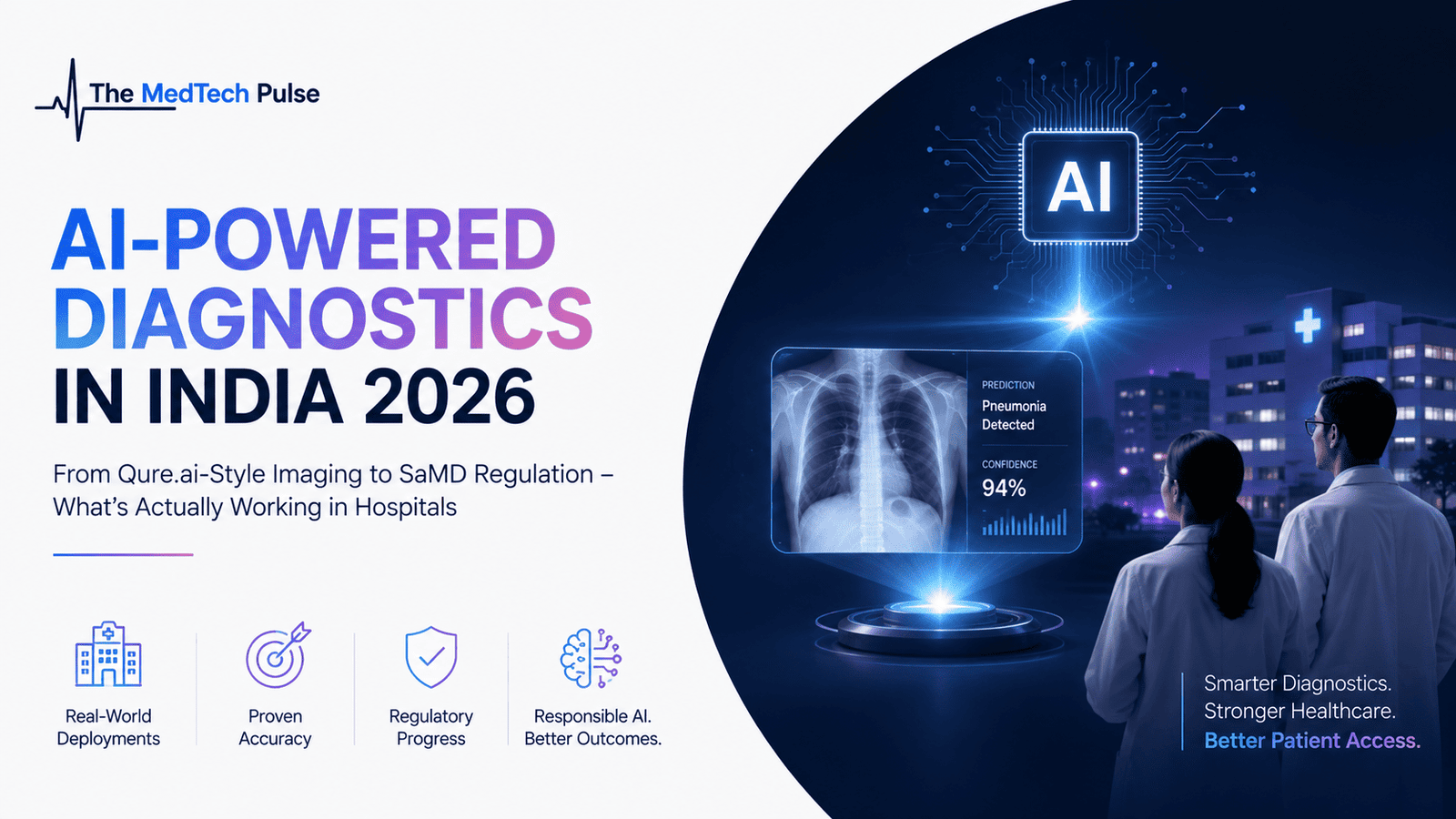 AI-powered diagnostics in India featuring an AI chip, chest X-ray analysis, healthcare professionals, and a modern hospital setting, representing the growing use of artificial intelligence in clinical diagnostics.