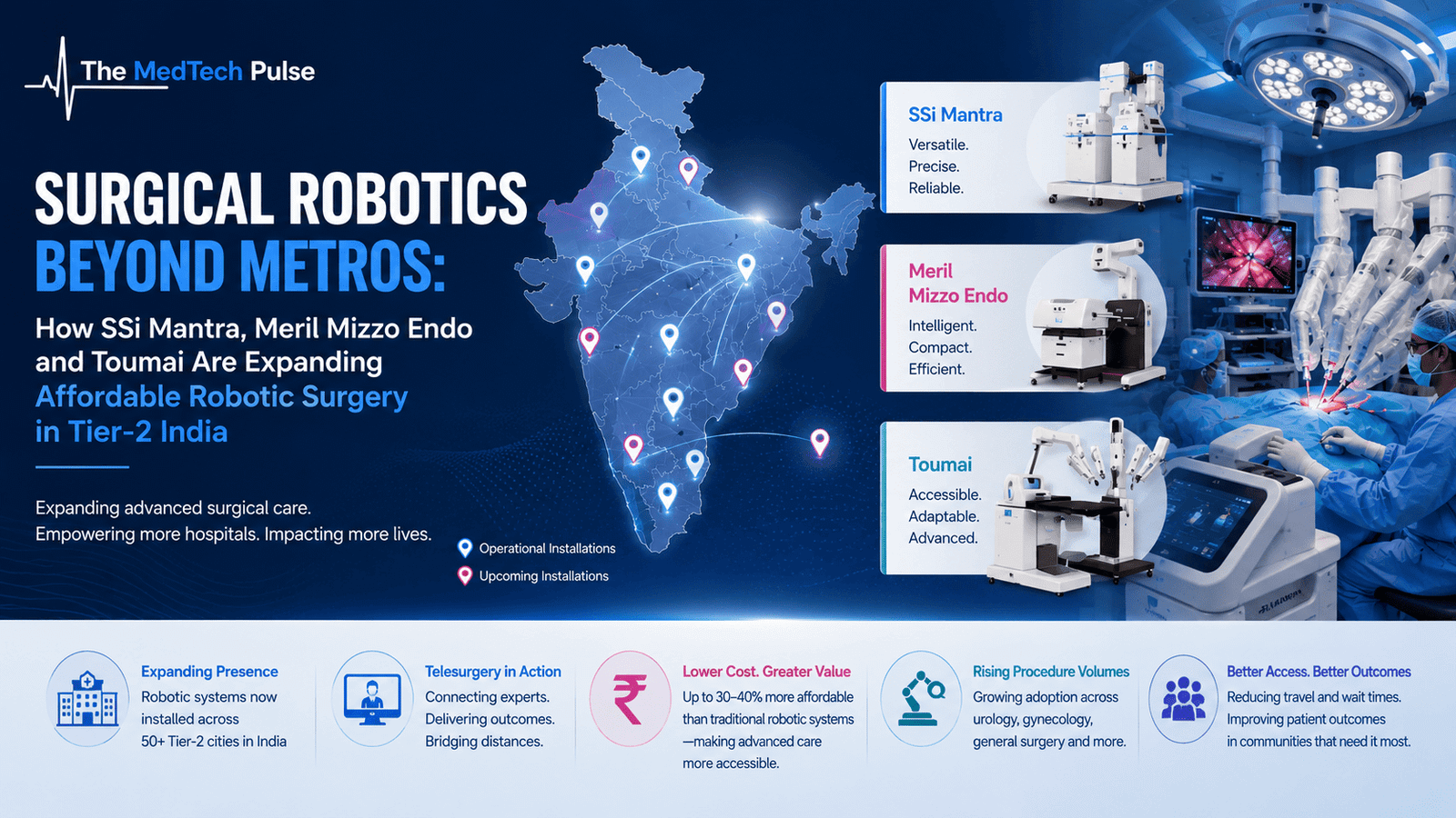 robotics banner showing an India map with connected hospital locations, robotic surgery systems including SSi Mantra, Meril Mizzo Endo and Toumai, and an advanced operating room representing the expansion of affordable robotic surgery into Tier-2 India.