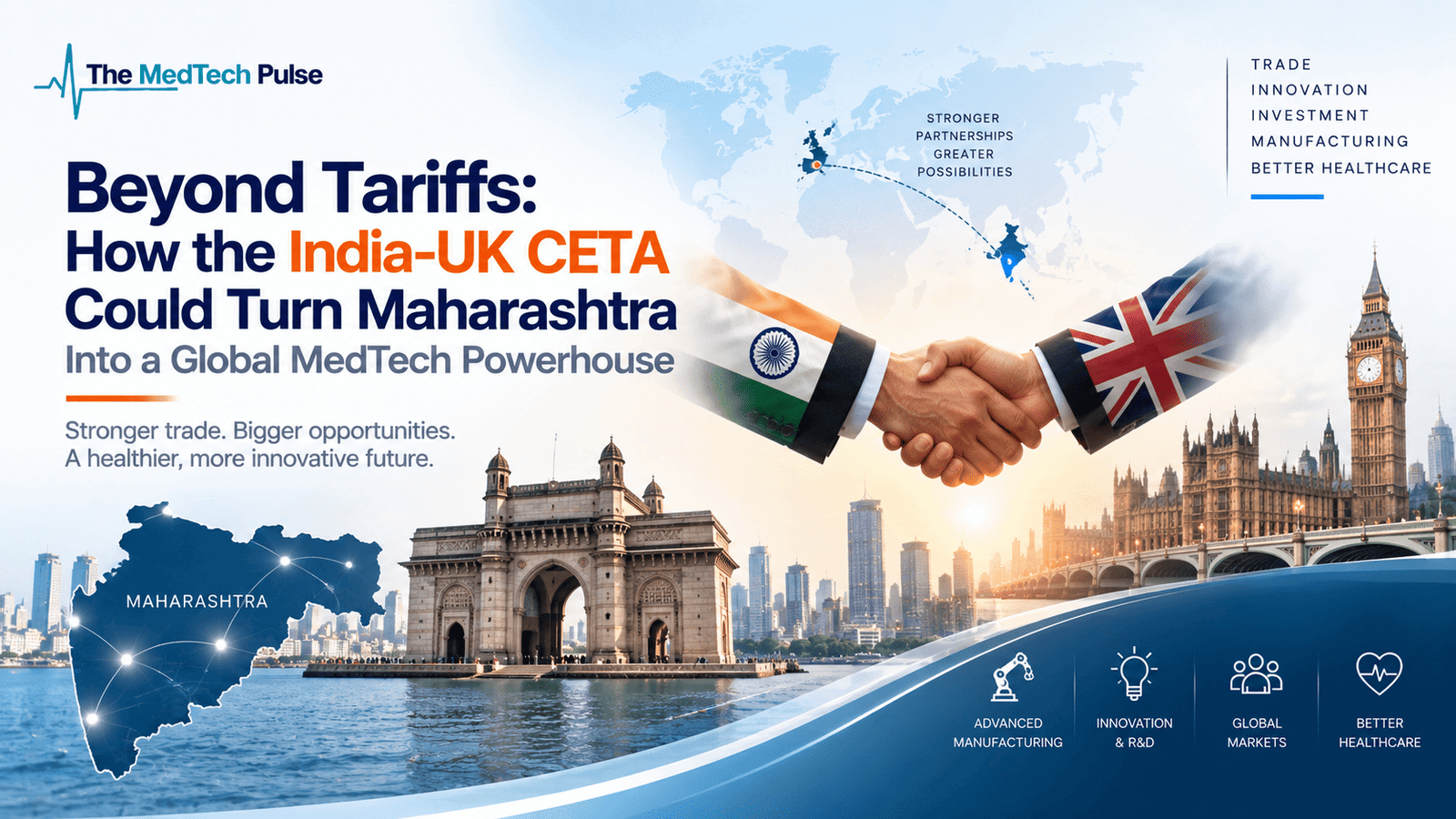 India–UK CETA global trade routes and MedTech innovation visuals, highlighting Maharashtra’s potential as a global MedTech hub.