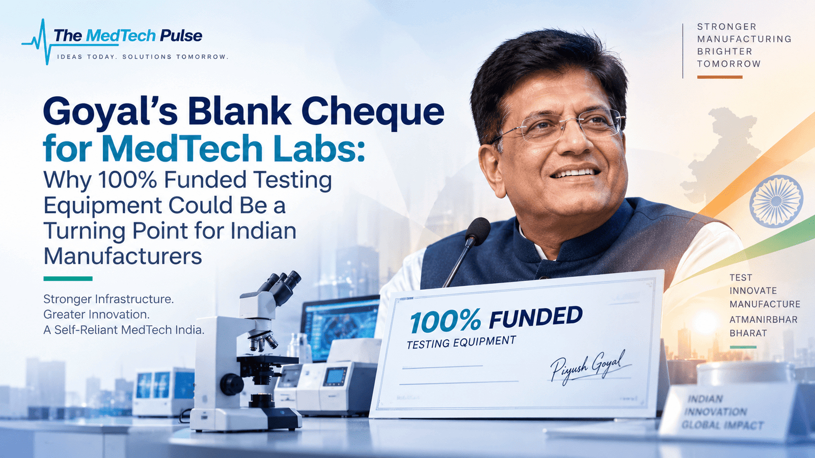 Piyush Goyal highlighted alongside medical testing equipment and a funding cheque, representing 100% funded MedTech testing infrastructure for Indian manufacturers.