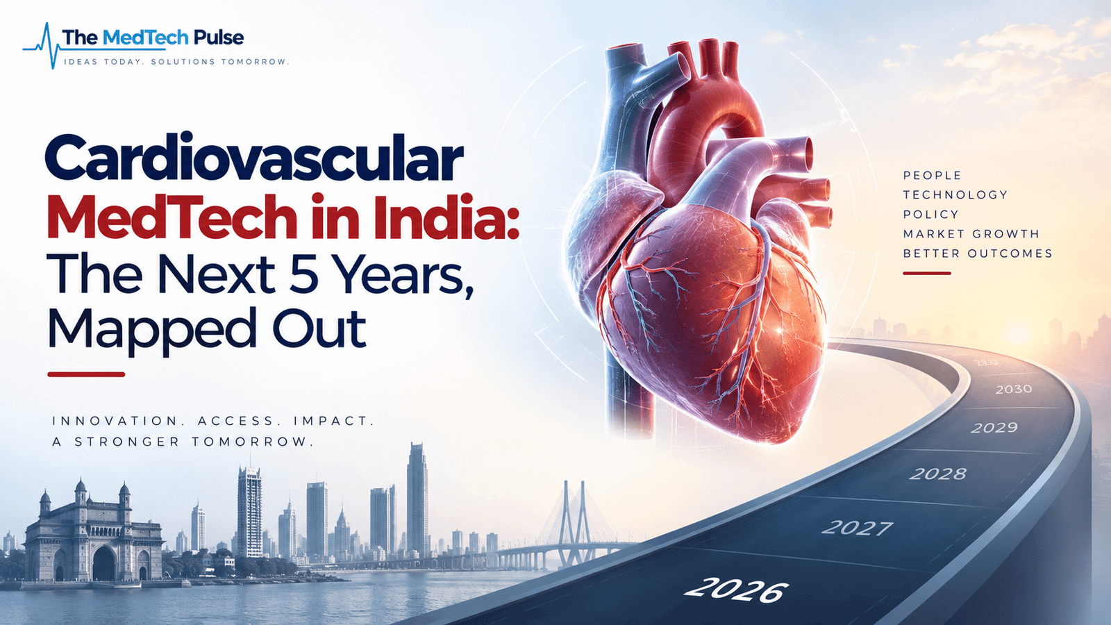 Cardiovascular MedTech in India: a futuristic anatomical heart, Indian cityscape and 2026–2030 roadmap illustrating the next five years of healthcare technology.