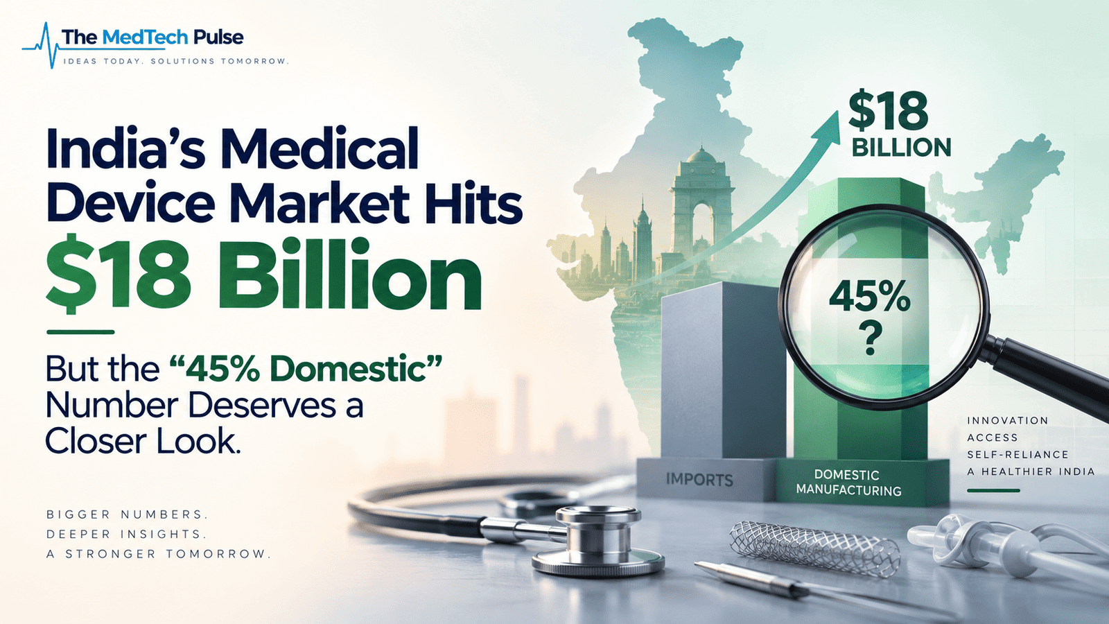 India’s medical device market reaches $18 billion, with a magnifying glass highlighting the 45% domestic manufacturing figure alongside medical devices and an India map.