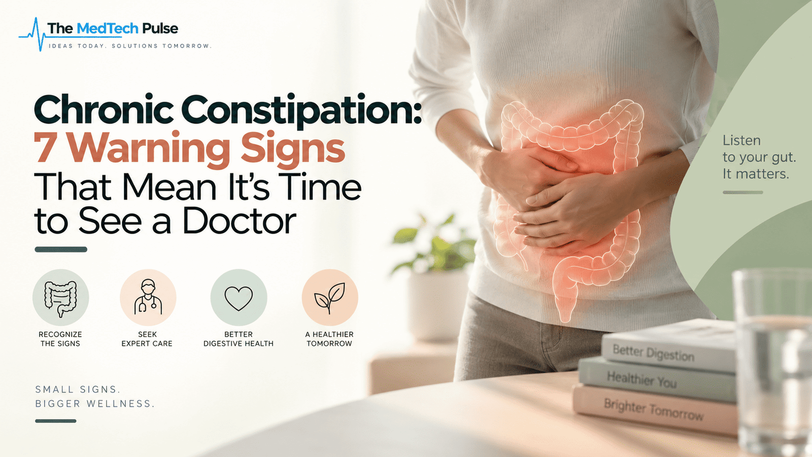 Chronic constipation awareness banner showing a person holding their abdomen with an illustrated colon, highlighting seven warning signs that may require medical attention.