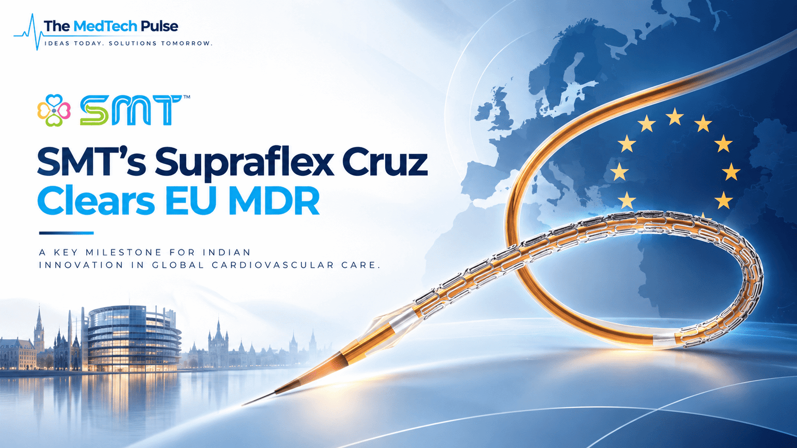 SMT’s Supraflex Cruz coronary stent shown against a European map and EU stars, highlighting its EU MDR clearance and global cardiovascular reach.