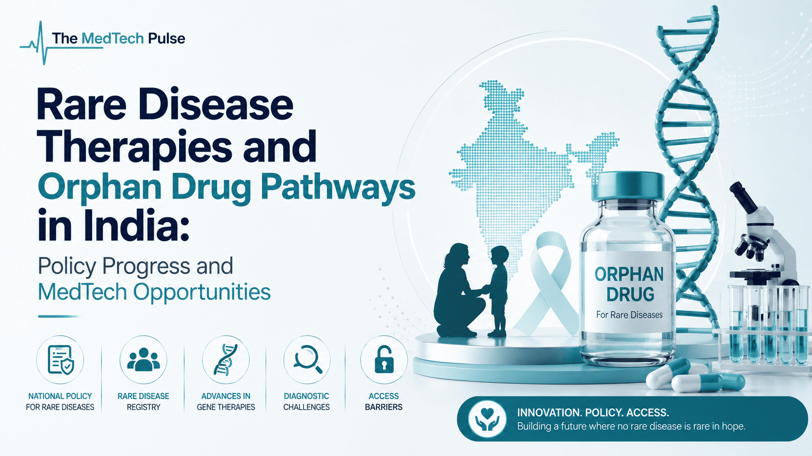 Rare disease therapies and orphan drug pathways in India, featuring an orphan drug vial, DNA helix, diagnostic laboratory equipment, and India-focused healthcare innovation.