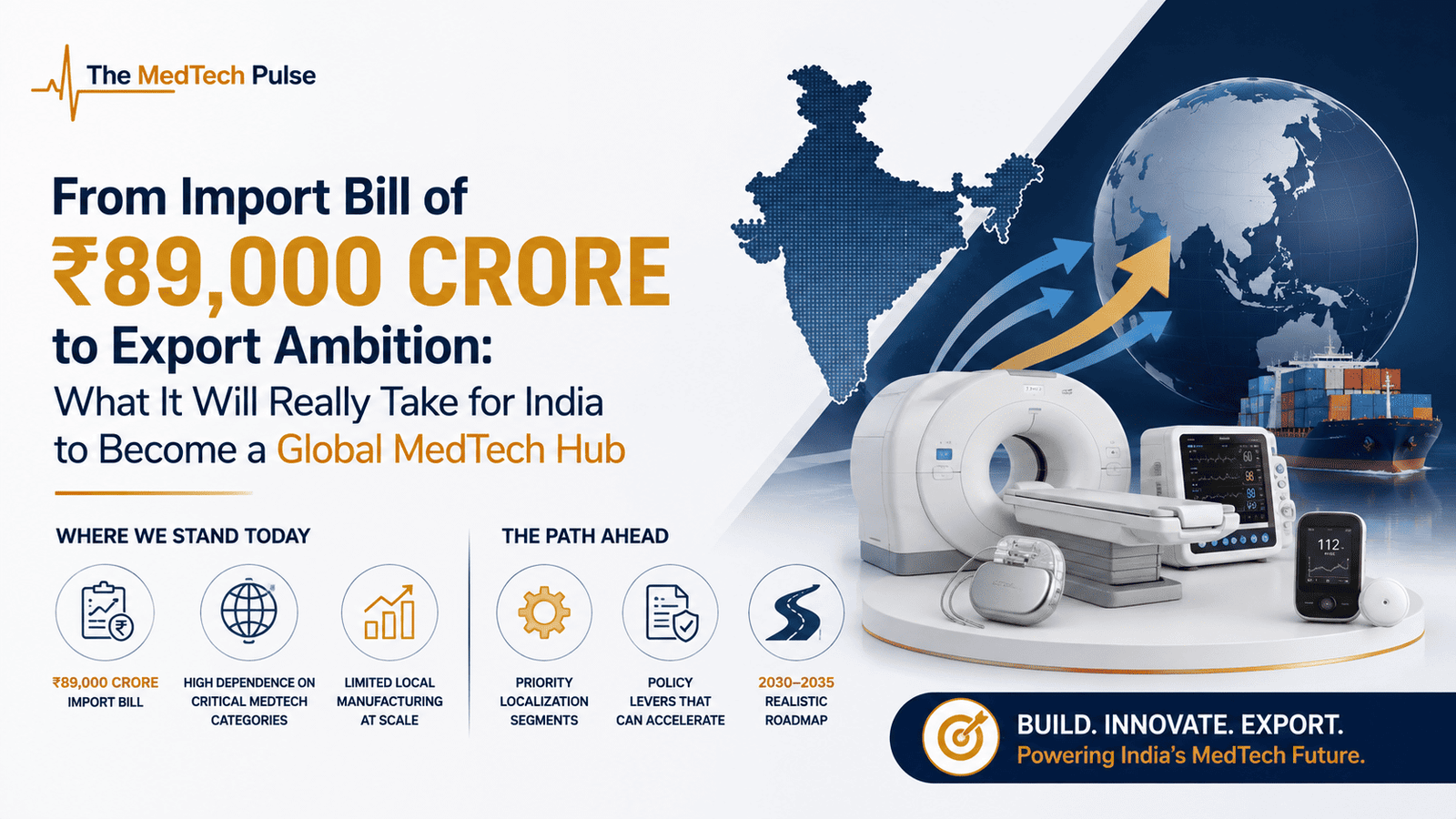 India’s journey from medical device import dependence to becoming a global MedTech manufacturing hub, featuring advanced medical technologies, Indian manufacturing, and global export growth.
