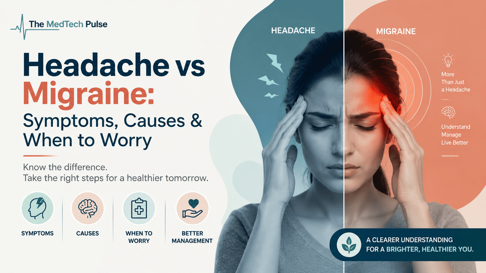Split-screen illustration comparing headache and migraine symptoms, showing a person experiencing head pain with contrasting visual representations.