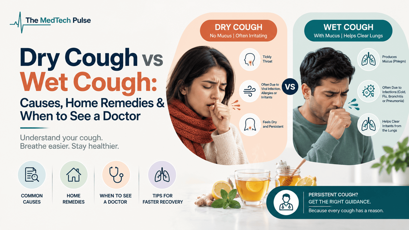 Minimalistic healthcare illustration comparing dry cough and wet cough, highlighting common symptoms, possible causes, home care, and when medical attention may be needed.