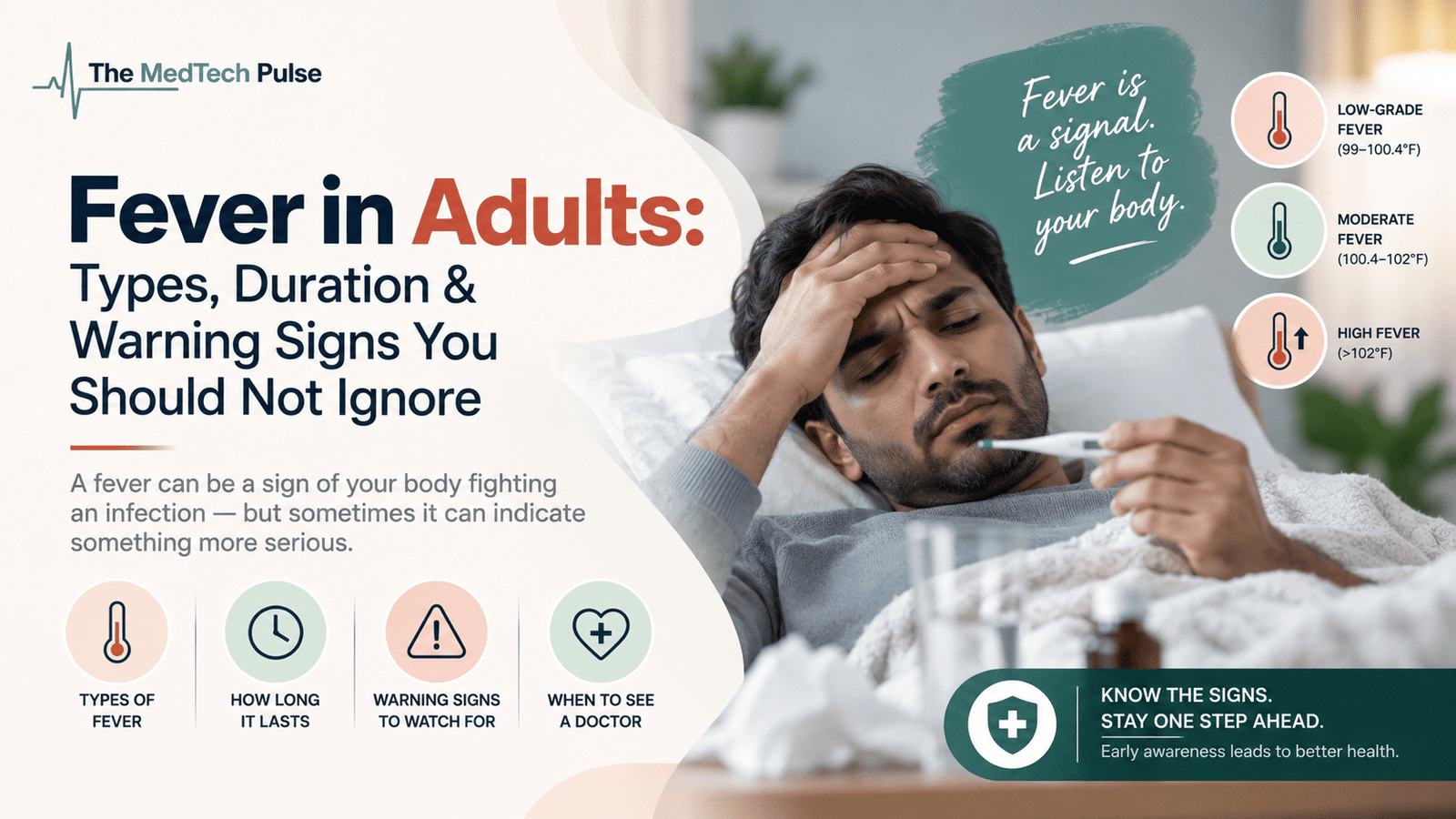 Adult experiencing fever while checking their temperature with a thermometer, with visual information about fever types, duration and warning signs.