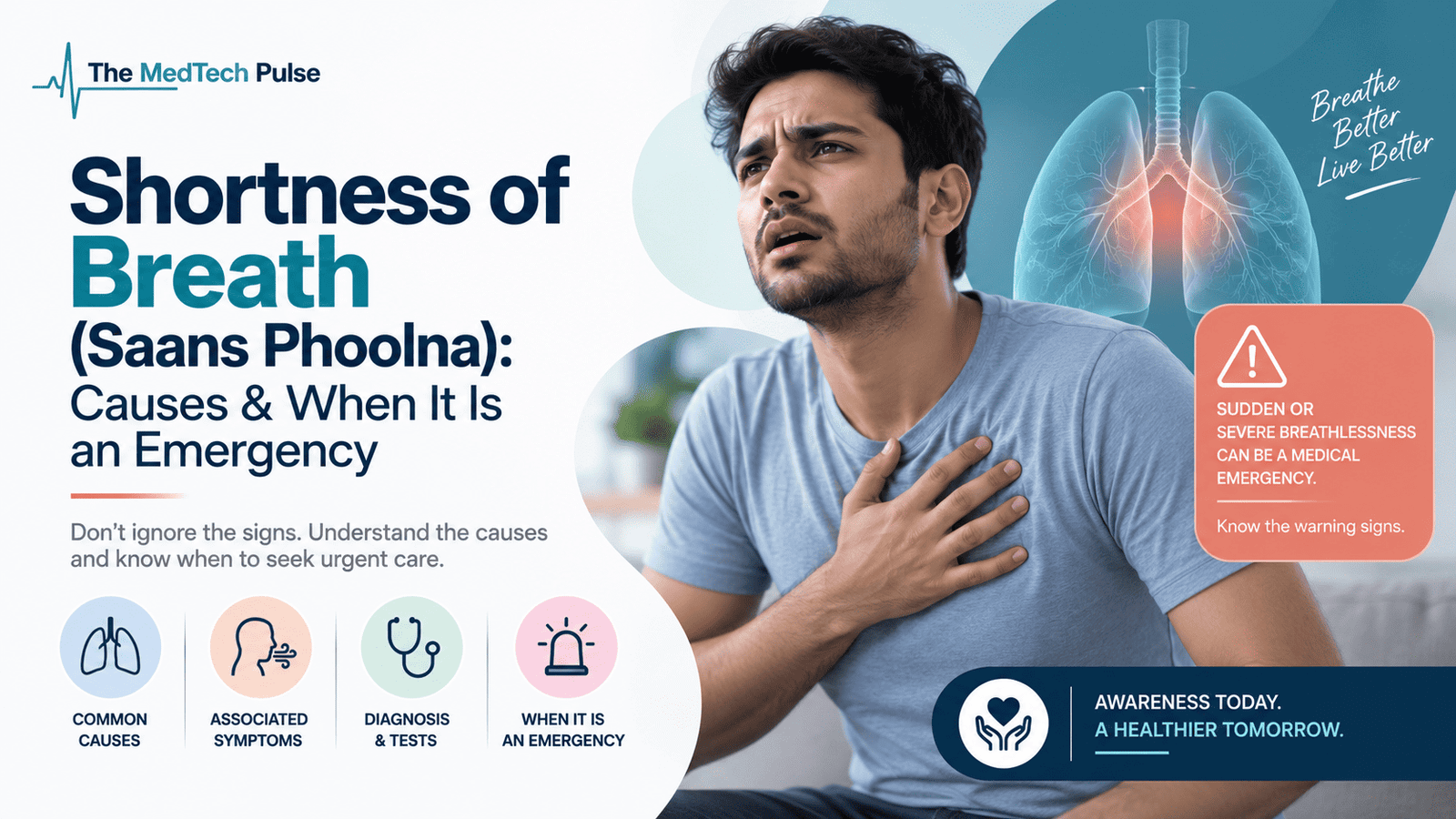 A man experiencing shortness of breath and chest discomfort, with a medical illustration of the lungs and information about causes, symptoms and emergency warning signs.