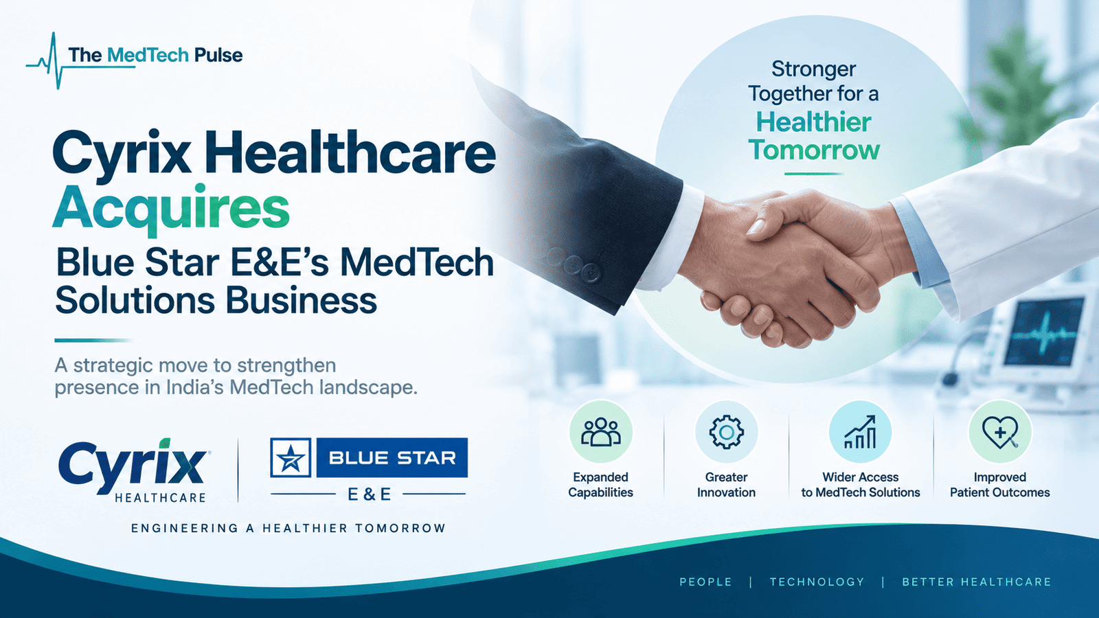 Corporate healthcare acquisition announcement showing a handshake between business and healthcare professionals, highlighting Cyrix Healthcare's acquisition of Blue Star E&E's MedTech Solutions Business.