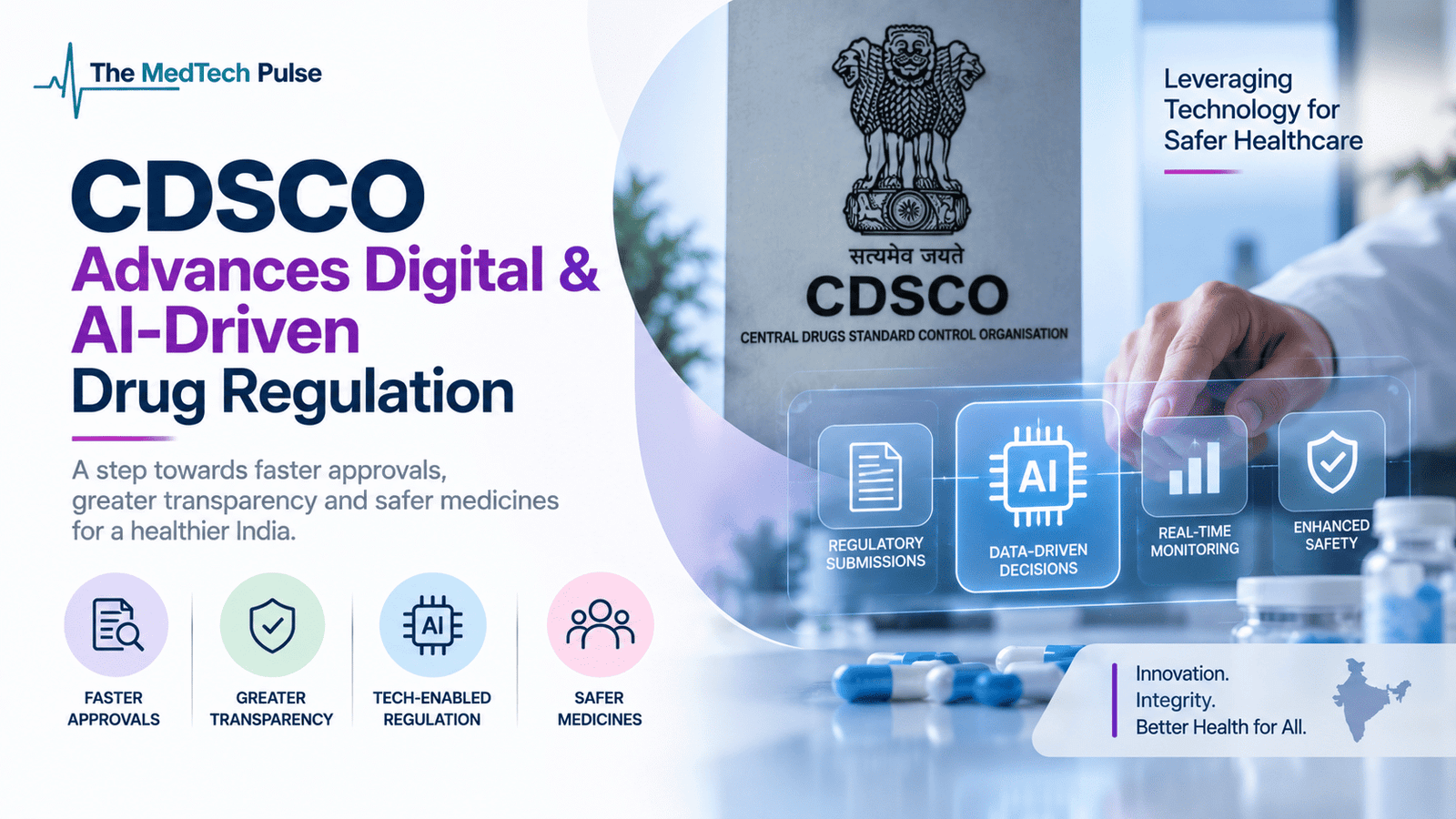 Minimalistic digital healthcare regulation illustration showing artificial intelligence, data-driven technology and pharmaceutical oversight, representing CDSCO’s advancement in digital and AI-driven drug regulation.