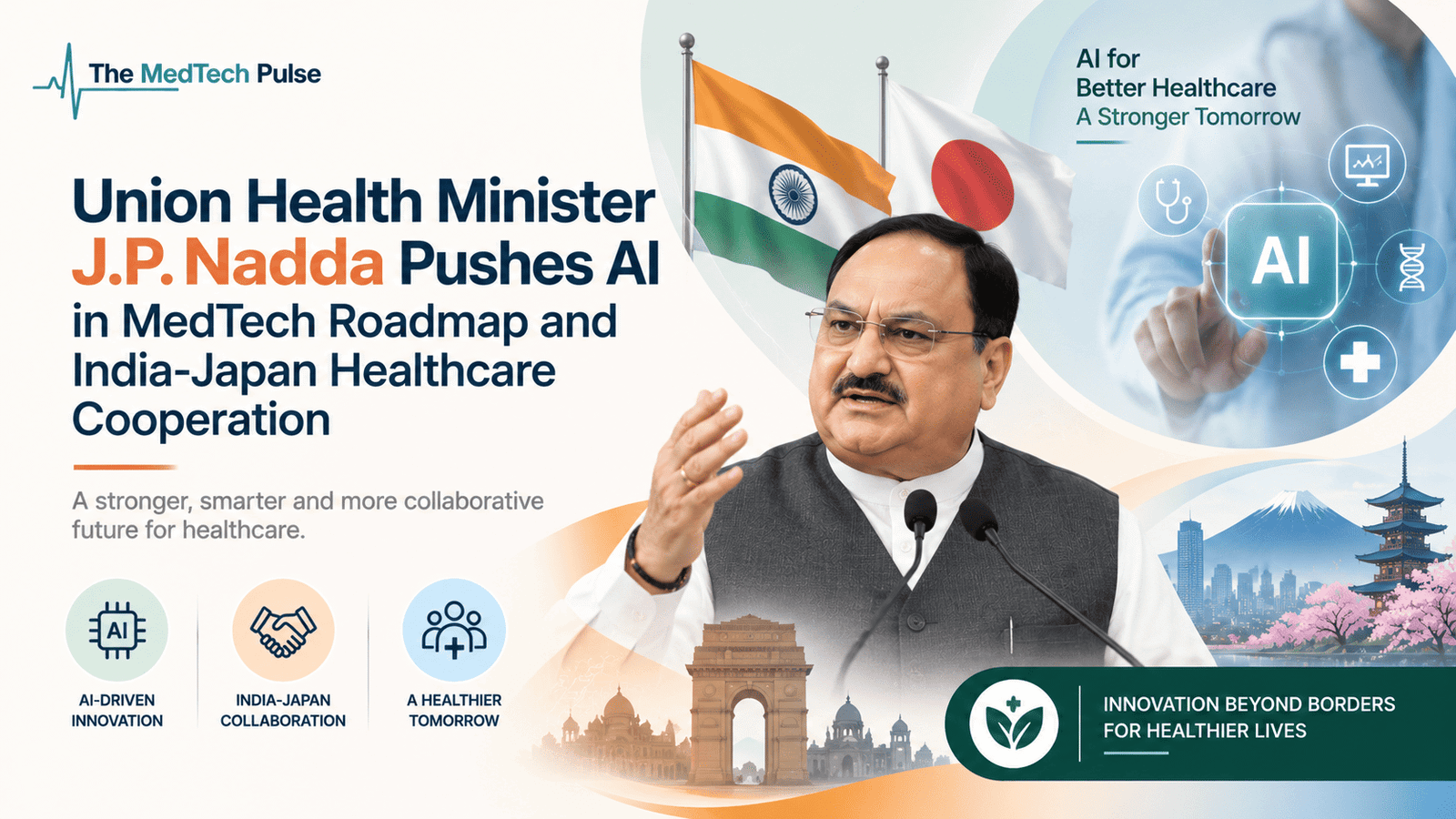 Union Health Minister J.P. Nadda speaking at a podium, with the Indian and Japanese flags, AI healthcare technology visuals and imagery representing India–Japan healthcare cooperation.