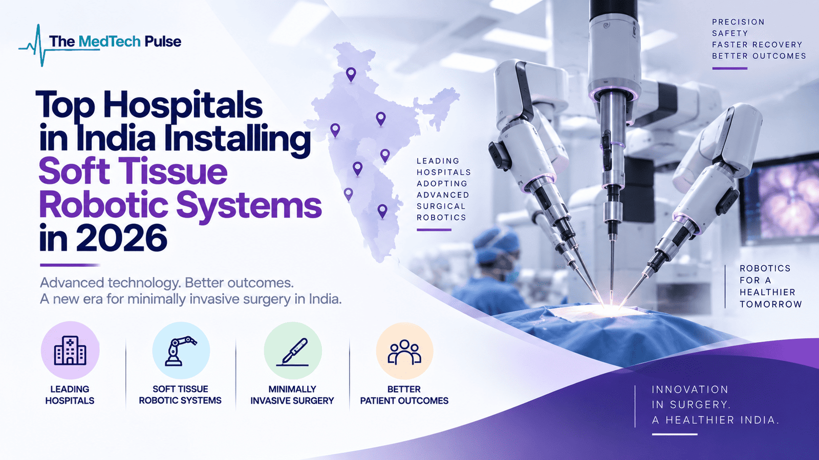 Advanced soft tissue surgical robotic systems operating in a modern hospital, alongside an India map highlighting leading hospitals adopting robotic surgery technology in 2026.