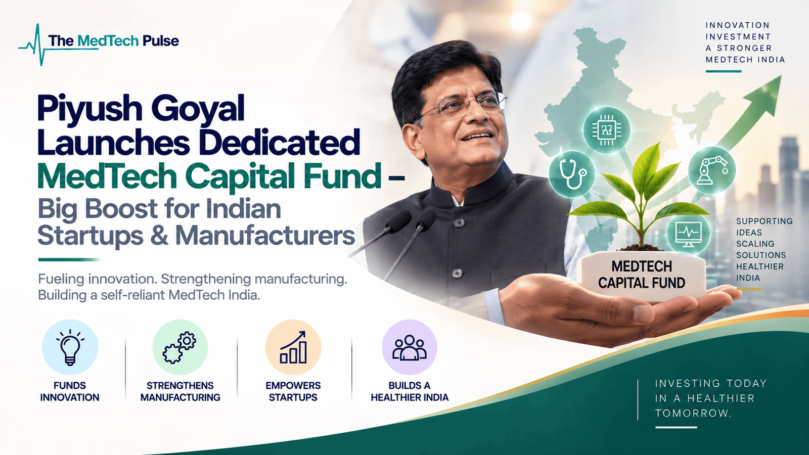 Piyush Goyal announcing a dedicated MedTech Capital Fund to support Indian healthcare startups, manufacturing and medical technology innovation.